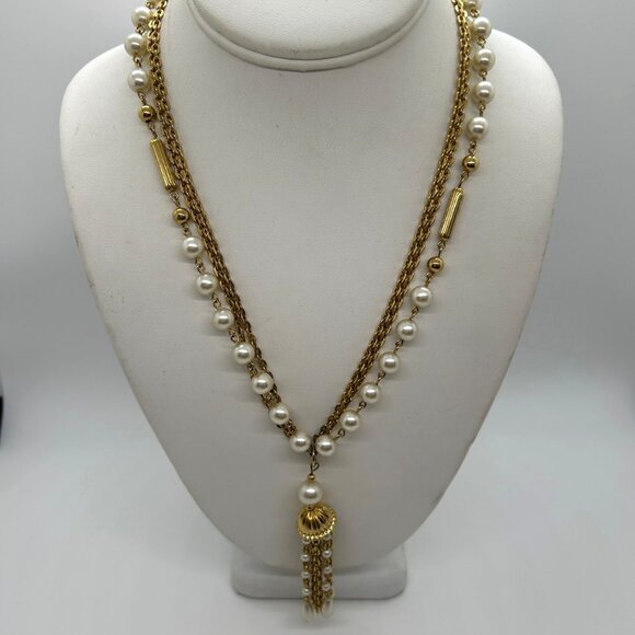 Estate Jewelry - Vintage Faux Pearl Necklace Triple Strand Gold-Tone Chain Tassel Pendant 1970s